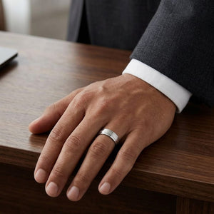6mm Satin Finish Parallel Groove Carved Wedding Band in Platinum, worn on hand, masculine full view
