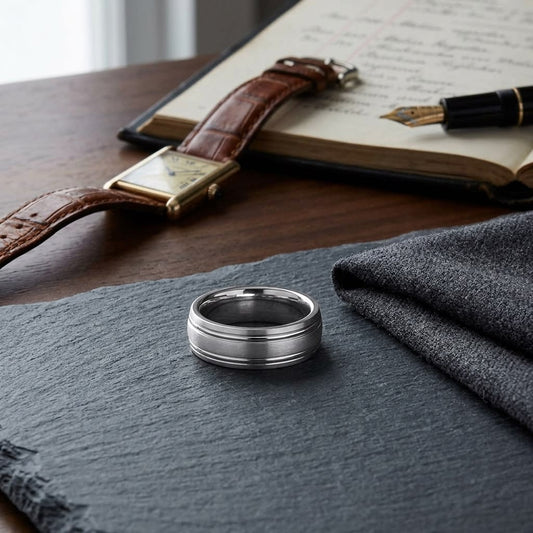 6mm Satin Finish Parallel Groove Carved Wedding Band in Platinum, on walnut surface with pocket square