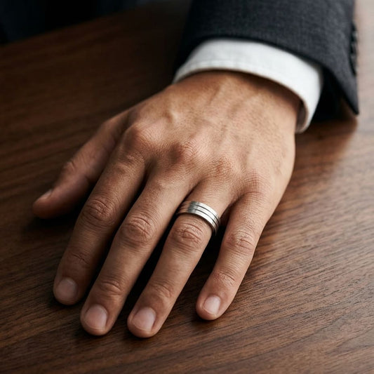 6mm Satin Finish Parallel Center Cut Carved Wedding Band in Platinum, worn on hand, masculine full view