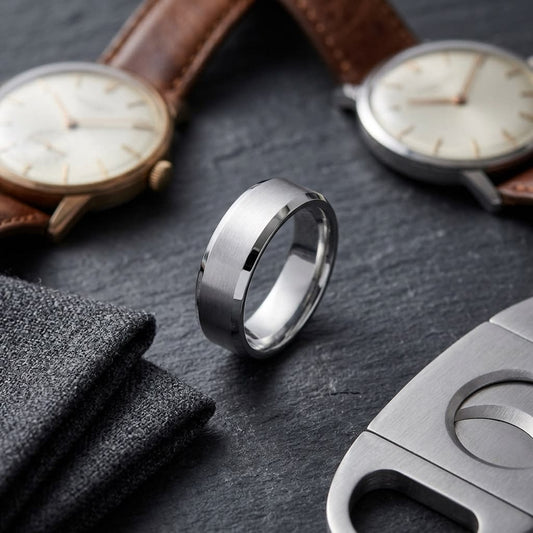 6mm Satin Finish High Polished Beveled Edge Carved Wedding Band in Platinum, on walnut surface with pocket square