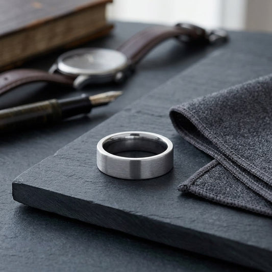 6mm Satin Finish Carved Wedding Band in Platinum, on walnut surface with pocket square