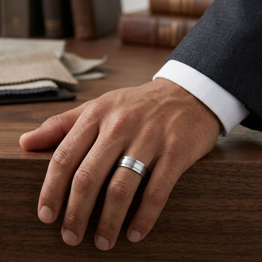 8mm Satin Finish Parallel Groove Carved Wedding Band in Platinum, worn on hand, masculine full view