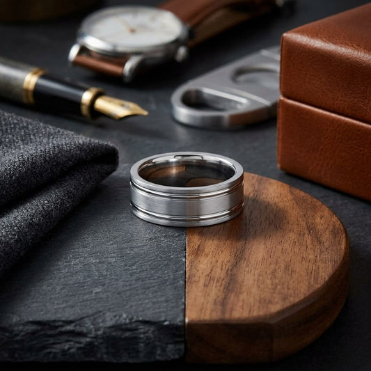 7mm Satin Finish Parallel Groove Carved Wedding Band in Platinum, on walnut surface with pocket square