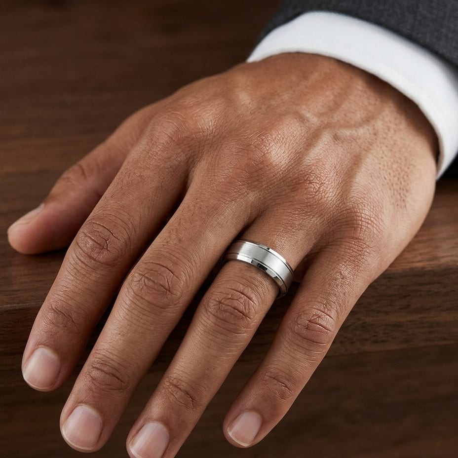 6mm Satin Finish High Polished Beveled Edge Carved Wedding Band in Platinum, worn on hand, masculine close-up