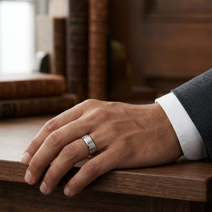 6mm Satin Finish High Polished Beveled Edge Carved Wedding Band in Platinum, worn on hand, masculine full view