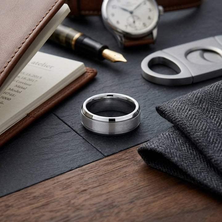6mm Satin Finish High Polished Beveled Edge Carved Wedding Band in Platinum, on walnut surface with pocket square