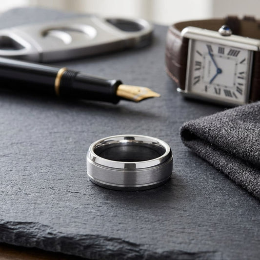 7mm Satin Finish High Polished Beveled Edge Carved Wedding Band in Platinum, on walnut surface with pocket square