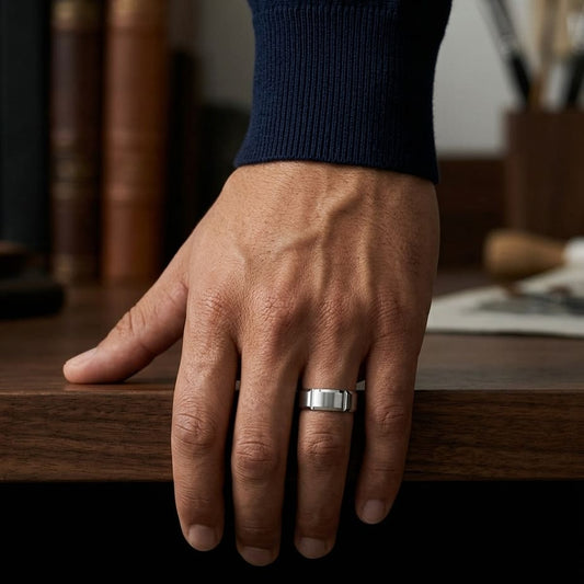 8mm Satin Finish Grooves Carved Wedding Band in Platinum, worn on hand, masculine full view