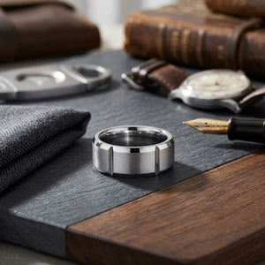 8mm Satin Finish Grooves Carved Wedding Band in Platinum, on walnut surface with pocket square