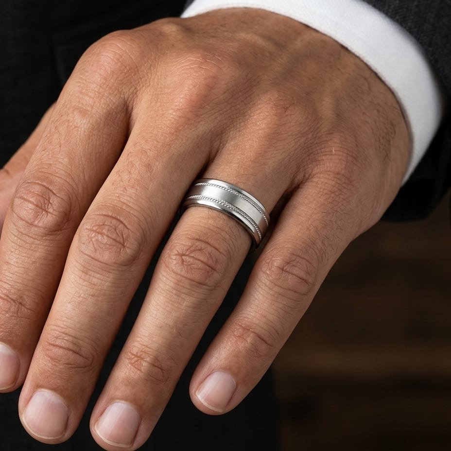 7.5mm Satin Finish Rope Carved Wedding Band in Platinum with Yellow Gold, worn on hand, masculine close-up