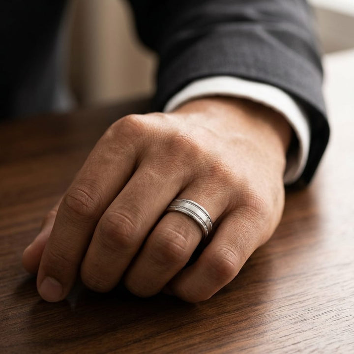 7.5mm Satin Finish Rope Carved Wedding Band in Platinum with Yellow Gold, worn on hand, masculine full view