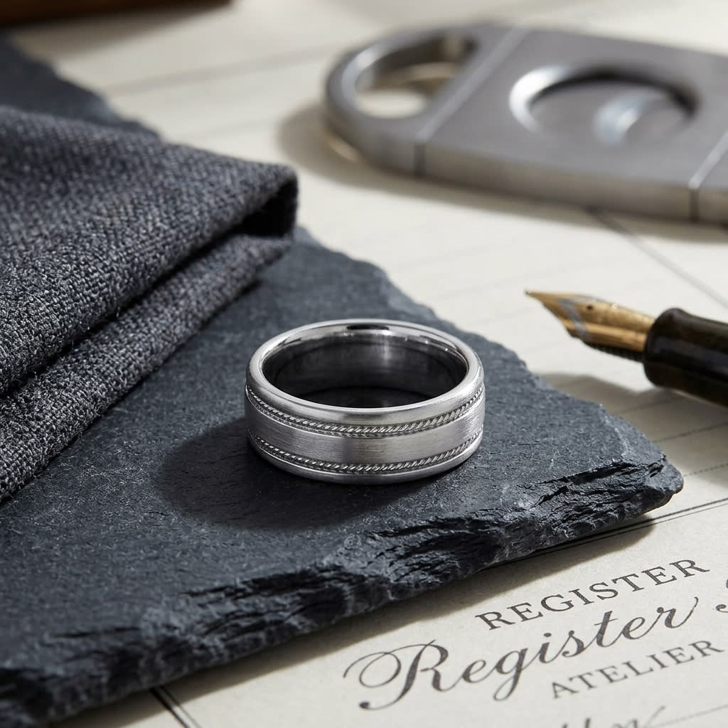 7.5mm Satin Finish Rope Carved Wedding Band in Platinum with Yellow Gold, on walnut surface with pocket square