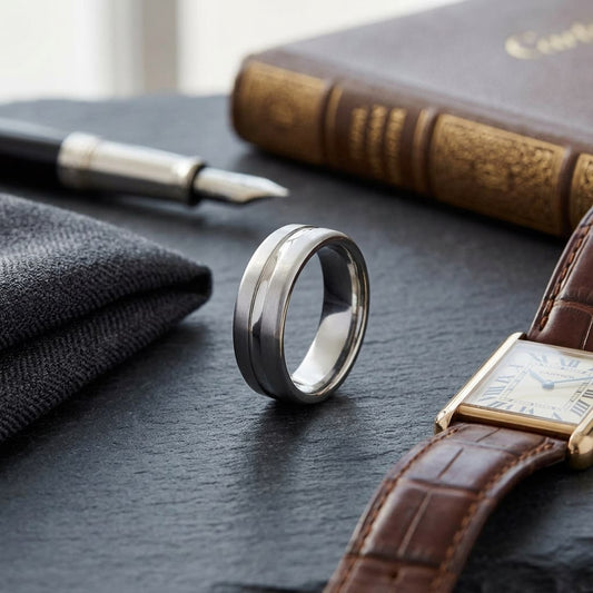 7.5mm Satin Finish High Polished Center Cut Carved Wedding Band in Platinum, on walnut surface with pocket square
