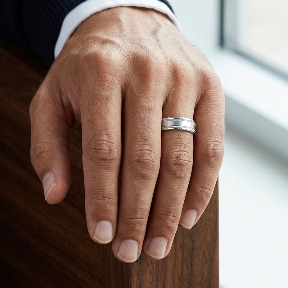 6mm Satin Finish Milgrain Round Edge Carved Wedding Band in Platinum, worn on hand, masculine close-up