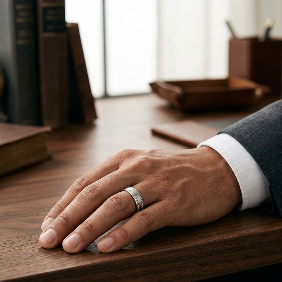 6mm Satin Finish Milgrain Round Edge Carved Wedding Band in Platinum, worn on hand, masculine full view