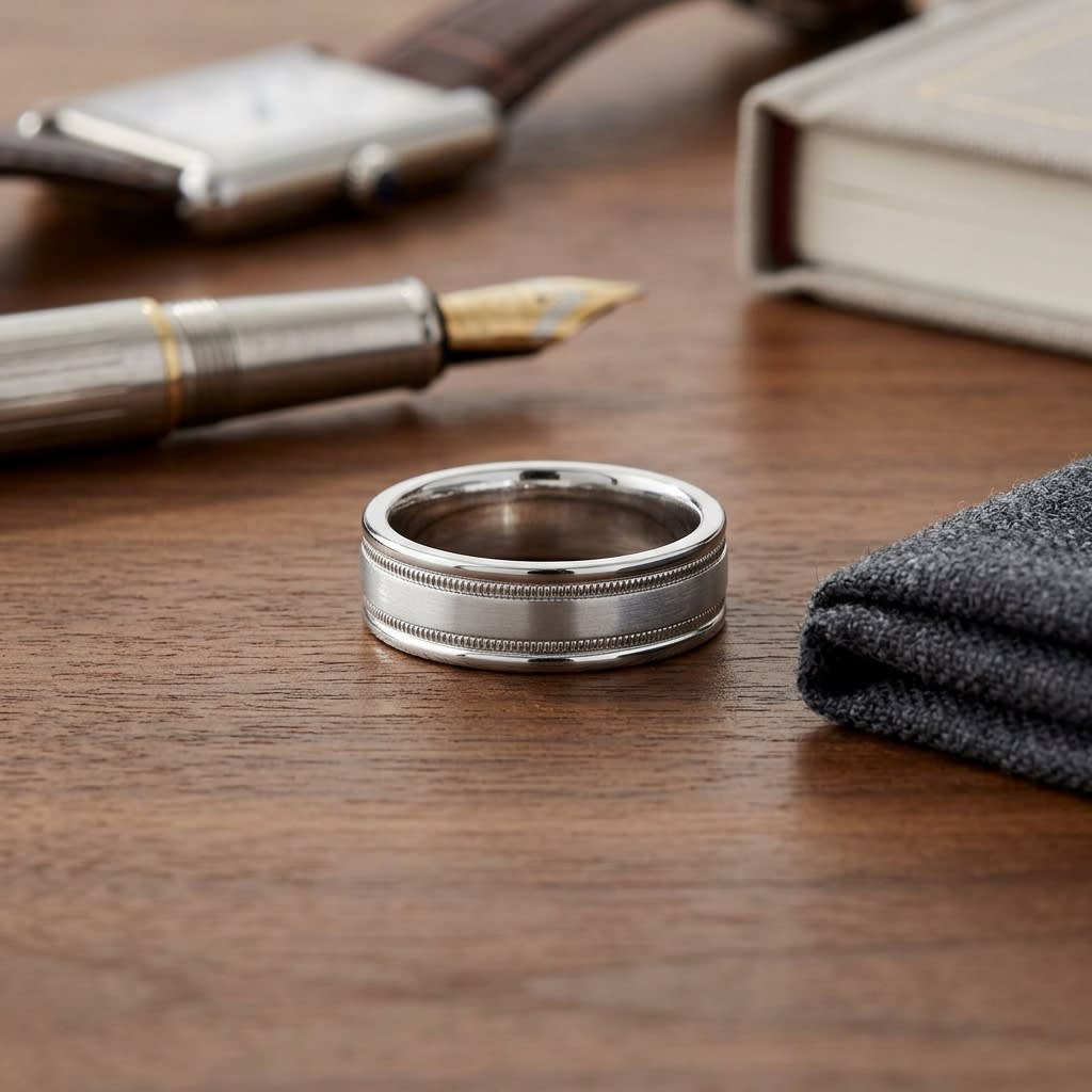 6mm Satin Finish Milgrain Round Edge Carved Wedding Band in Platinum, on walnut surface with pocket square