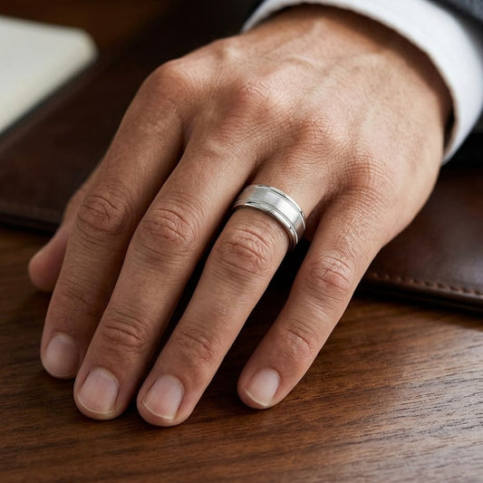 8mm Satin Finish Milgrain Round Edge Carved Wedding Band in Platinum, worn on hand, masculine close-up
