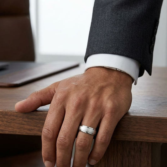 6mm Wired Finish High Polished Round Edge Carved Wedding Band in Platinum, worn on hand, masculine full view