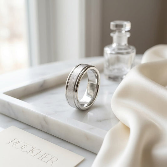 4mm Wired Finish High Polished Round Edge Carved Wedding Band in Platinum, on marble vanity tray with silk