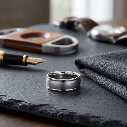 8mm Wire Brush High Polished Round Edge Carved Wedding Band in Platinum, on walnut surface with pocket square