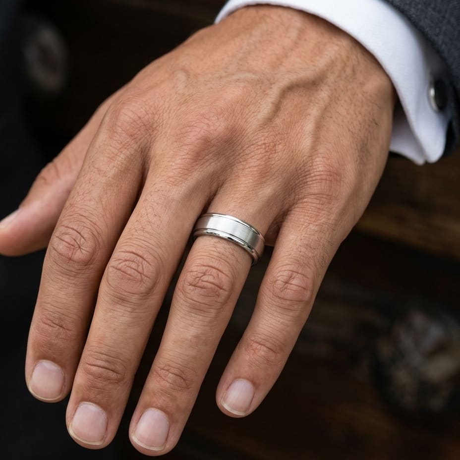 6mm Satin Finish High Polished Round Edge Carved Wedding Band in Platinum, worn on hand, masculine close-up
