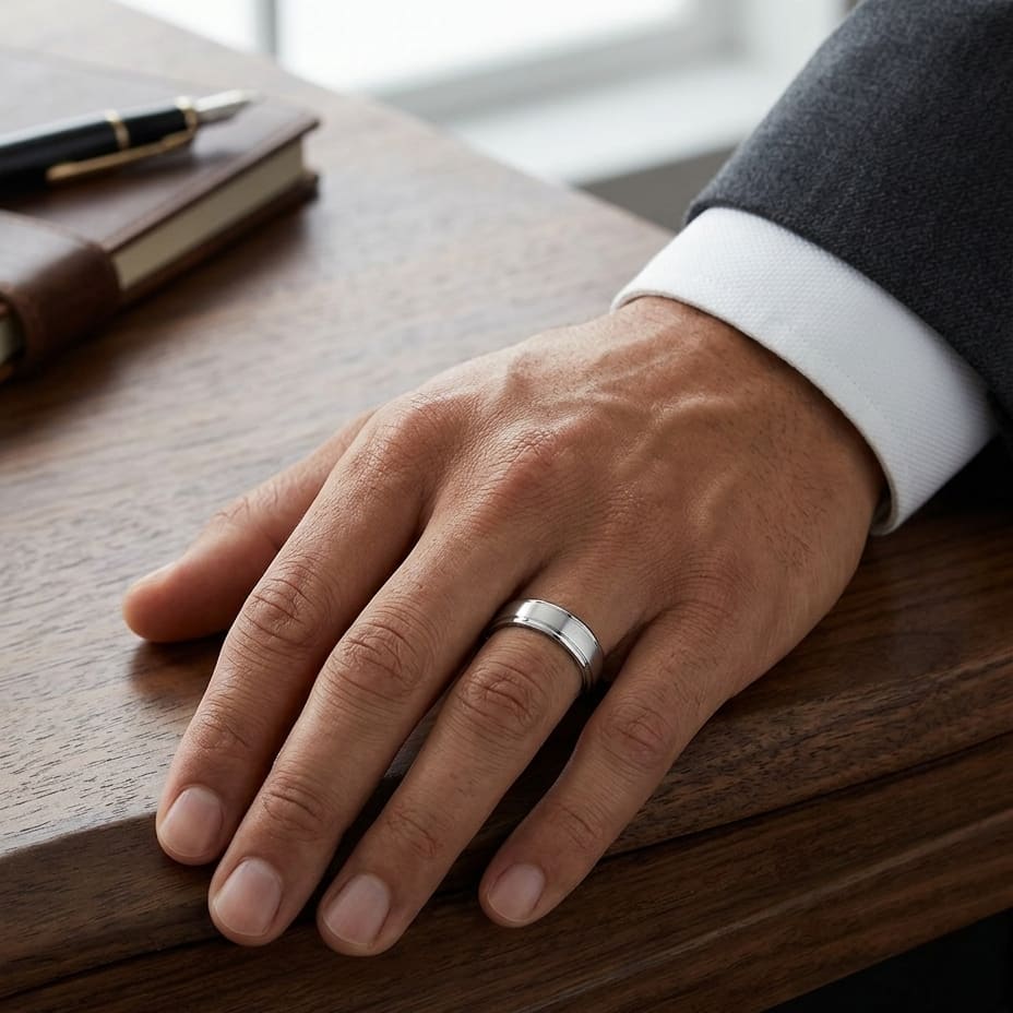 6mm Satin Finish High Polished Round Edge Carved Wedding Band in Platinum, worn on hand, masculine full view