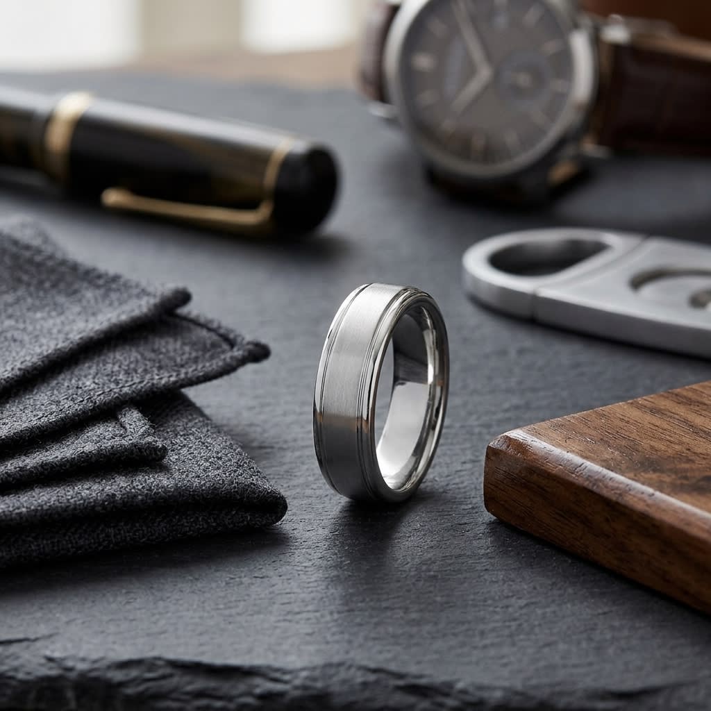 6mm Satin Finish High Polished Round Edge Carved Wedding Band in Platinum, on walnut surface with pocket square