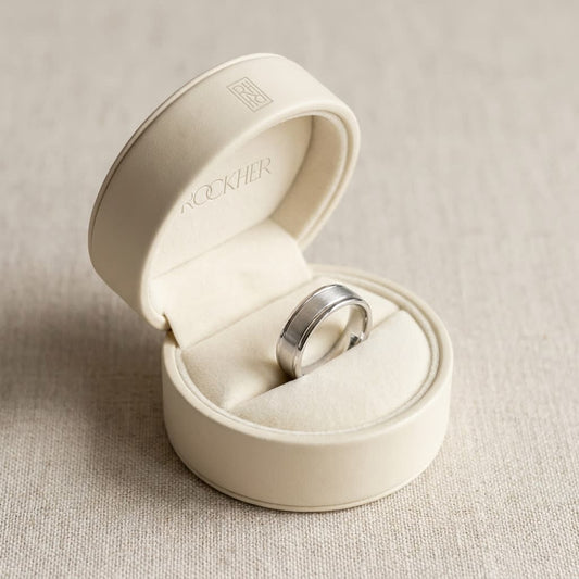 4mm Satin Finish High Polished Round Edge Carved Wedding Band in Platinum, in navy velvet jewelry box