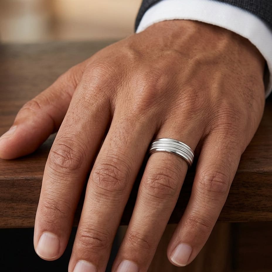 6mm High Polish Milgrain Round Edge Carved Wedding Band in Platinum, worn on hand, masculine close-up