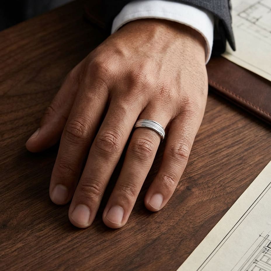 6mm High Polish Milgrain Round Edge Carved Wedding Band in Platinum, worn on hand, masculine full view