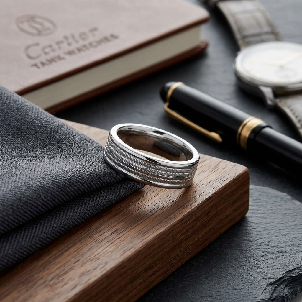 6mm High Polish Milgrain Round Edge Carved Wedding Band in Platinum, on walnut surface with pocket square