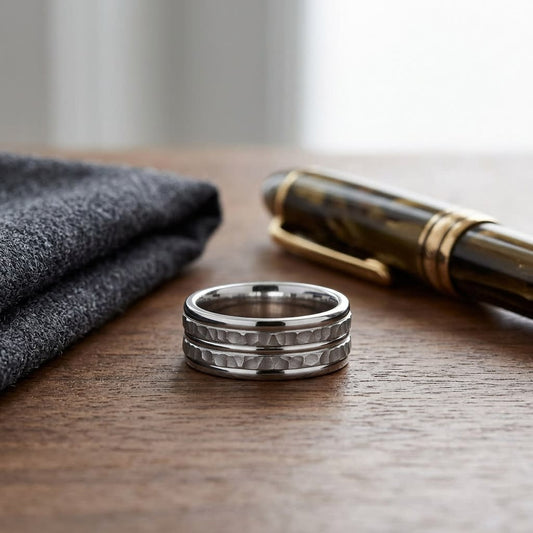 7.5mm High Polish Round Edge Carved Wedding Band in Platinum, on walnut surface with pocket square