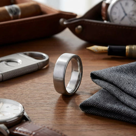 7.5mm Satin Finish Carved Wedding Band in Platinum with Yellow Gold, on walnut surface with pocket square