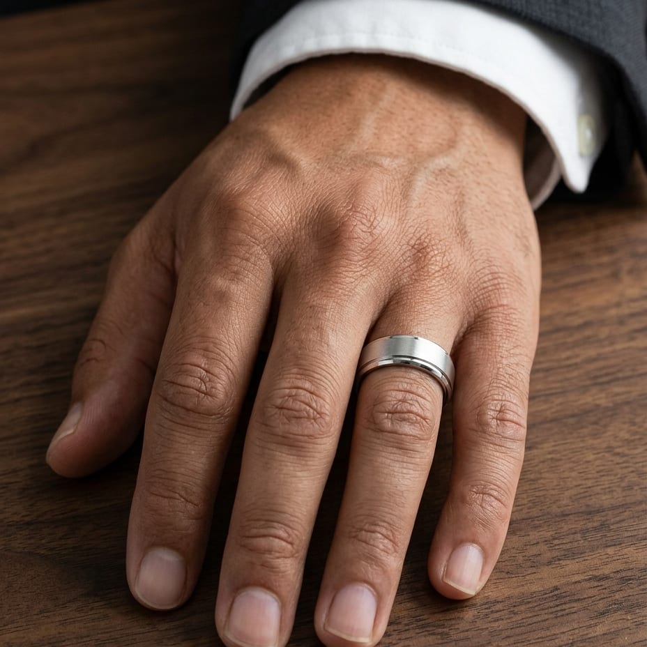 8mm Satin Finish High Polished Beveled Edge Carved Wedding Band in Platinum, worn on hand, masculine close-up