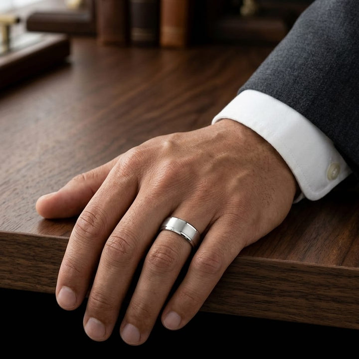 8mm Satin Finish High Polished Beveled Edge Carved Wedding Band in Platinum, worn on hand, masculine full view