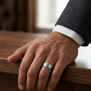 8mm Satin Finish High Polished Center Cut Carved Wedding Band in Platinum, worn on hand, masculine full view