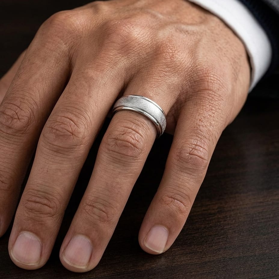 6.5mm Round Edge Swirl Finish Carved Wedding Band in Platinum, worn on hand, masculine close-up