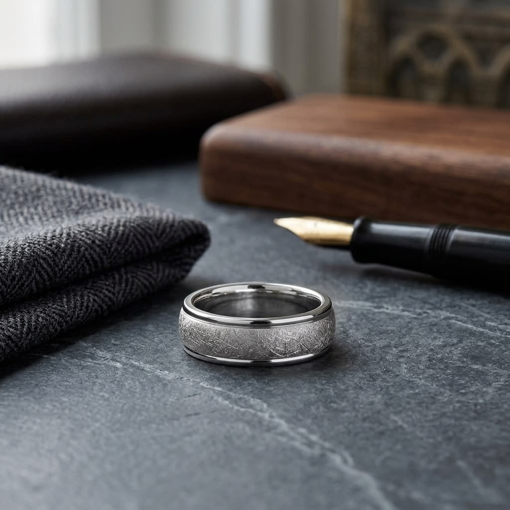 6.5mm Round Edge Swirl Finish Carved Wedding Band in Platinum, on walnut surface with pocket square