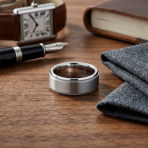 8mm Satin Finish Carved Wedding Band in Platinum, on walnut surface with pocket square