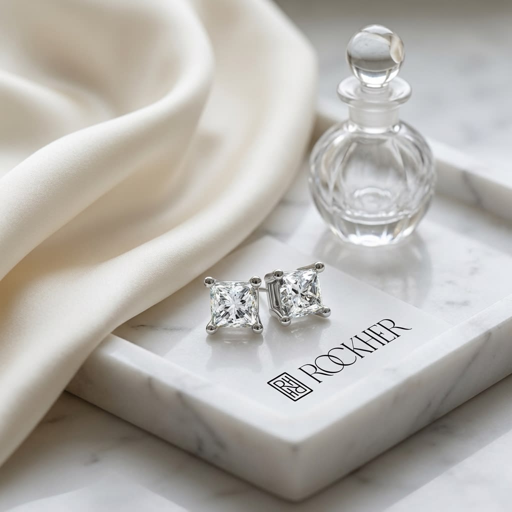 Natural Diamond Princess Cut Four Prong Stud Earrings in Platinum, 1/2 ct. t.w., on marble vanity tray with silk