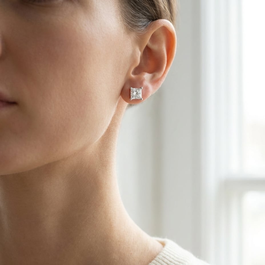 Natural Diamond Princess Cut Four Prong Stud Earrings in Platinum, 1/2 ct. t.w., worn close-up portrait