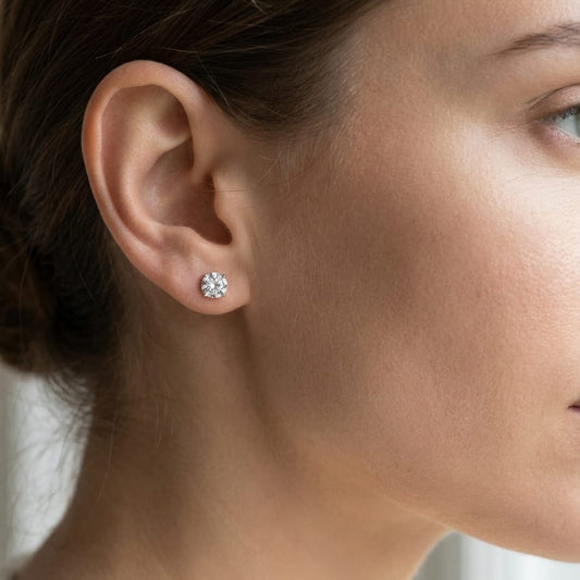 Platinum 4-prong Round Brilliant Diamond Stud Earrings (2.09 Ct. T.w., Vs1-vs2 Clarity, H-i Color), worn close-up portrait