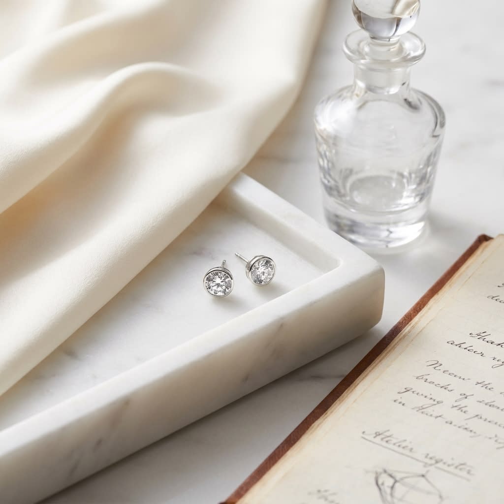 Platinum Bezel Set Round Brilliant Diamond Stud Earrings (0.75 Ct. T.w., Si1-si2 Clarity, J-k Color), on marble vanity tray with silk