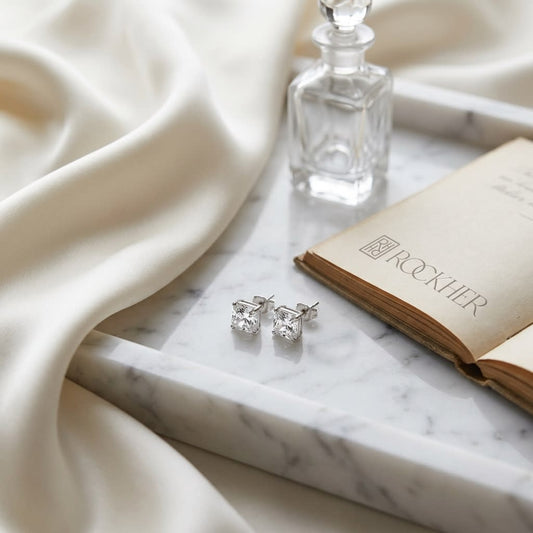 Natural Diamond Round Brilliant Eight Prong Stud Earrings in Platinum, 1 ct. t.w., on marble vanity tray with silk