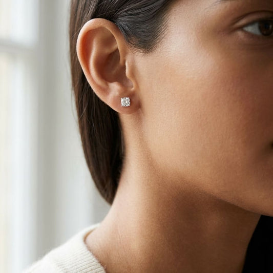 Natural Diamond Round Brilliant Eight Prong Stud Earrings in Platinum, 1 ct. t.w., worn close-up portrait