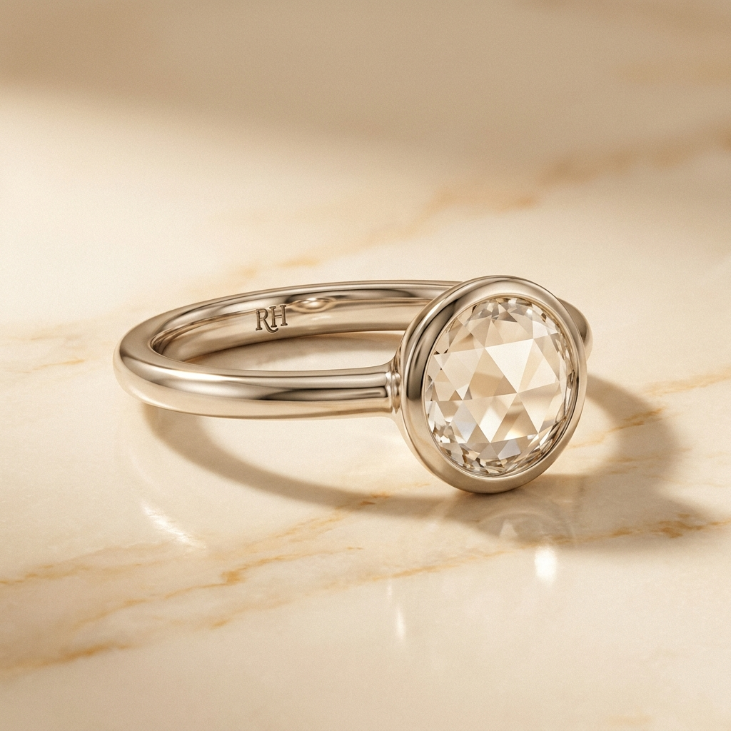 The Agnes Select bezel solitaire rose cut engagement ring in 18k white gold — alt-angle hero — RockHer