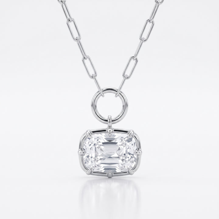 Lab Grown Diamond Cushion Cut Charm Pendant on Paperclip Chain, 2.5 ct, 18K White Gold, front view