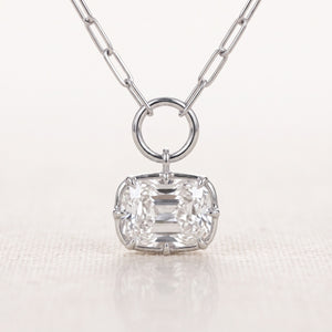 Lab Grown Diamond Cushion Cut Charm Pendant on Paperclip Chain, 2 ct, 18K White Gold, close up of charm and paperclip chain