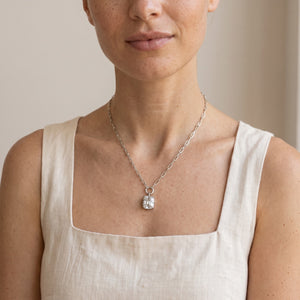 Lab Grown Diamond Cushion Cut Charm Pendant on Paperclip Chain, 3 ct, 18K White Gold, worn at the collarbone