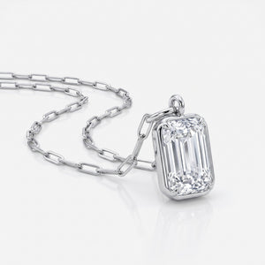 Lab Grown Diamond Emerald Cut Charm Pendant on Paperclip Chain, 4 ct, 18K White Gold, angled view